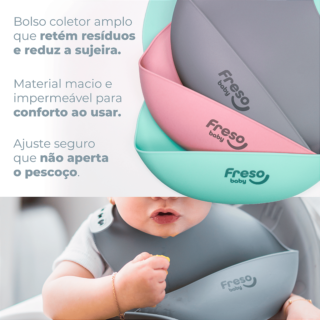 Babador Silicone Freso Alimentação Bebê BLW Bolso Pega Migalhas Fecho Ajustável Livre BPA 4