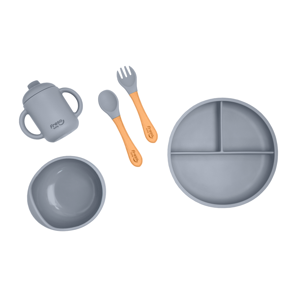 Kit Introdução Alimentar Freso Infantil 5 peças Silicone Prato com Ventosa