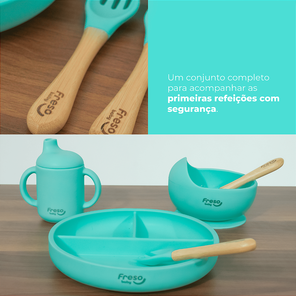 Kit Introdução Alimentar de Bebê Freso Infantil 5 peças Silicone Livre BPA Prato com Ventosa 5